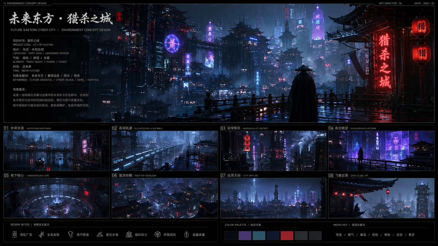 未来东方霓虹雨夜城市设定图